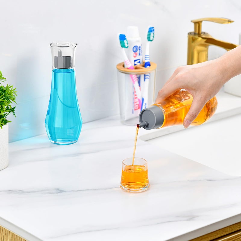 VITVITI Glass Mouthwash Dispenser for Bathroom, 8.8OZ Mouth Wash Container Bottle with Lid Cup, Small Clear Refillable Mouthwash Dispenser Decanter for Countertop, Set of 2, Gray - Image 2